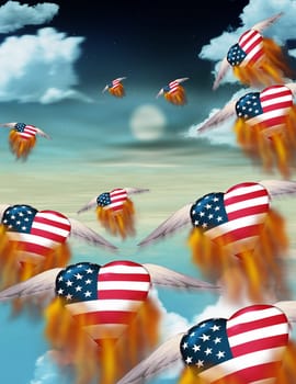 Winged flaming hearts in USA national colors fly into the sky