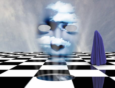 Surrealism. Figure of human covered by purple cloth stands on a chessboard. Mask with clouds. 3D rendering