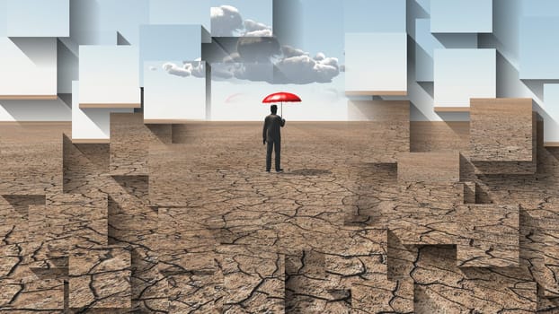 Man in desert with red umbrella and single cloud