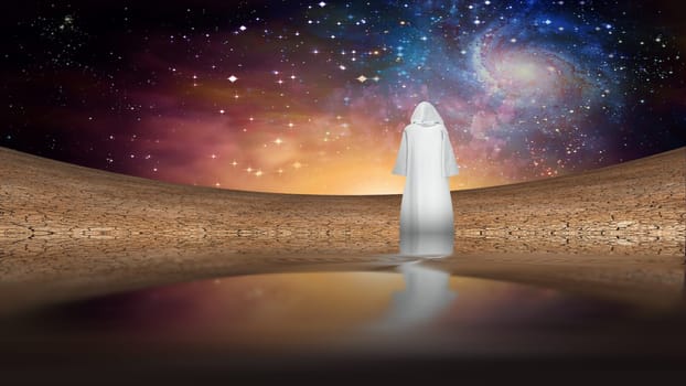 White Monk. Desert and galactic sky with wandering cloaked figure
