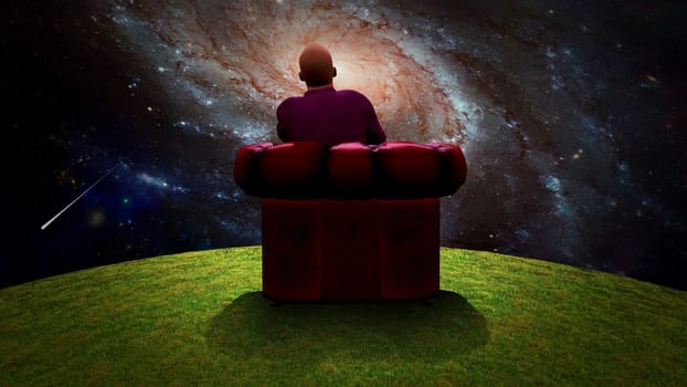 Surreal composition. Man sits in red armchair and observes vivid galaxy. 3D rendering