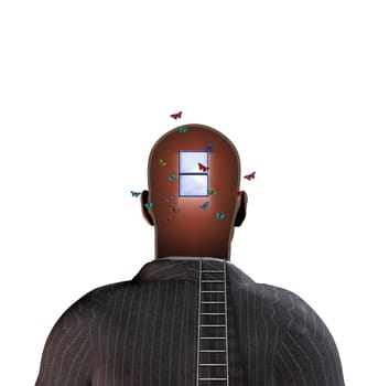 Man with window in head, ladder and butterflies