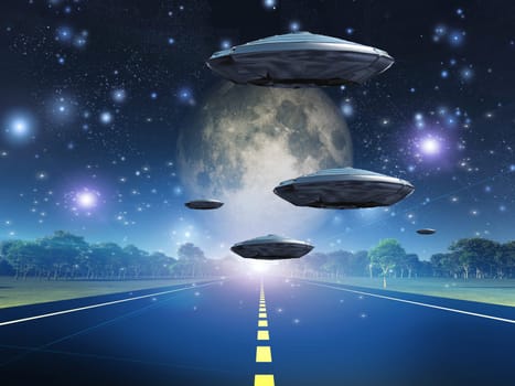 Space travelers. Full moon seen from earth. Flying saucers over the highway