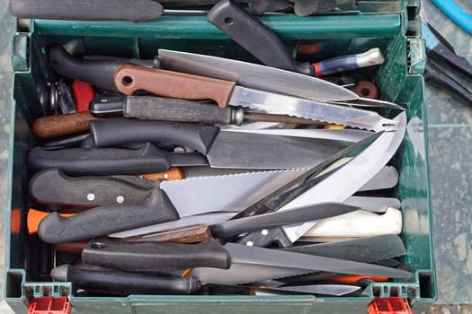 Big collection of various used kitchen knives