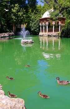 Maria Luisa Park pond, Seville, Andalusia, Spain. Romantic Pavillion