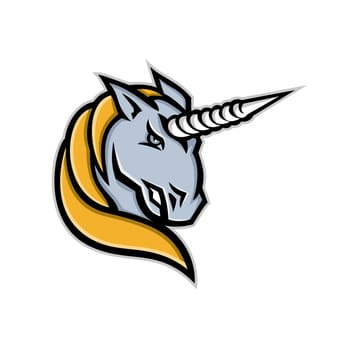 Mascot icon illustration of head of a unicorn, a legendary creature, beast or horse with single large, pointed, spiraling horn projecting from its forehead on isolated background in retro style.