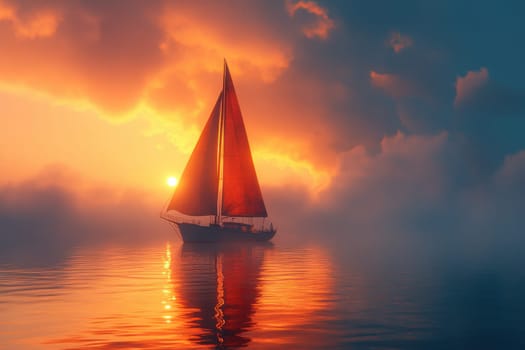 A majestic sailboat navigates through tranquil waters at sunset, surrounded by dramatic clouds illuminated in shades of orange and pink. The serene atmosphere and reflection in the water create a peaceful scene.