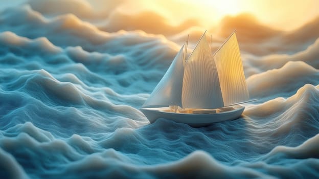 A delicate model sailboat glides across a sea of fluffy, textured clouds as the warm glow of sunset casts a golden light. The scene evokes tranquility and captures the beauty of sailing in an imaginative environment.