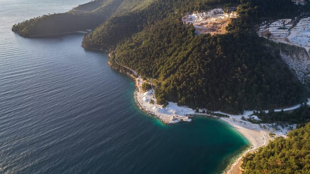 Aerial view of Porto Vathy beach. Thassos island, Greece