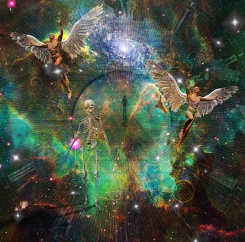 Surrealism. Figure of man walks on a stone road in the space. Naked men with wings symbolizes angels. Skeleton represents death. 3D rendering. Some elements provided courtesy of NASA.