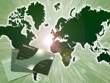 Worldwide Payment Solution. Credit cards on world's map background.