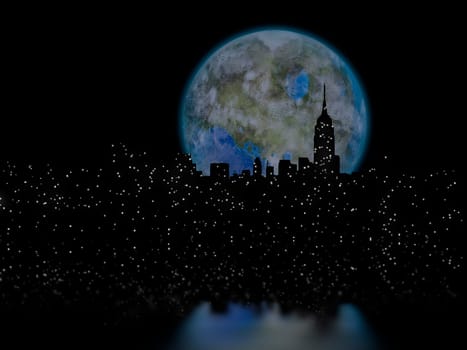 3D rendering. Terraformed moon over night city.