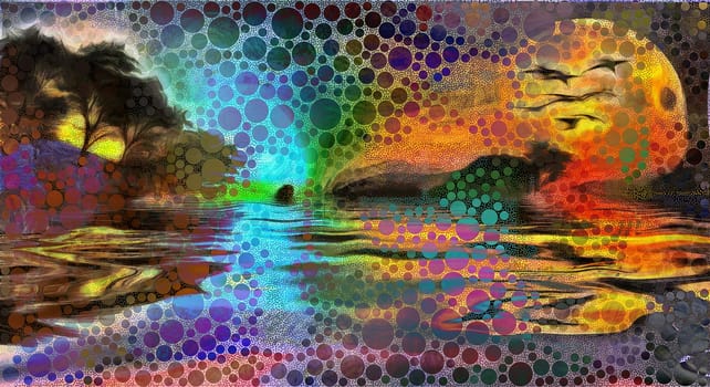 Sunset over forest lake. Circles pattern