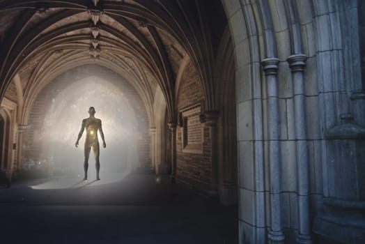 Human silhouette with universe inside stands in Gothic archway with light illuminating the path.