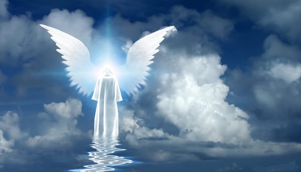 Figure in white cloak stands on water surface. Winged star in cloudy sky. 3D rendering