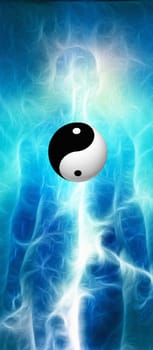 Surreal digital art. Human's silhouette with shining energy and Yin-Yang sign reflected in the water.