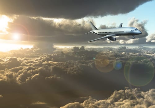 Jet Aircraft flying between clouds. 3D rendering