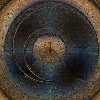 Surreal digital art. Man walks on a stones road to Heaven. Spirals of time. Picture is composed entirely of the words.