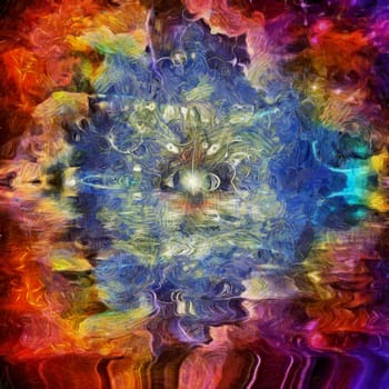 Surreal painting. All seeing eye above water surface. Vivid colorful background.