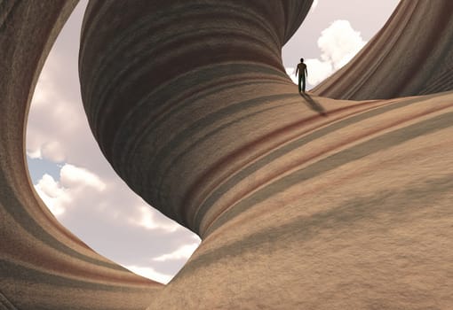 Man on carved canyon rock with cloudy sky
