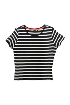 Black and white from womans clothing isolated on white background. Black and white striped womans shirt in marine style. Summer fashion.