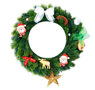 Green christmas wreath with decorations isolated on white background,frame with empty copy space.