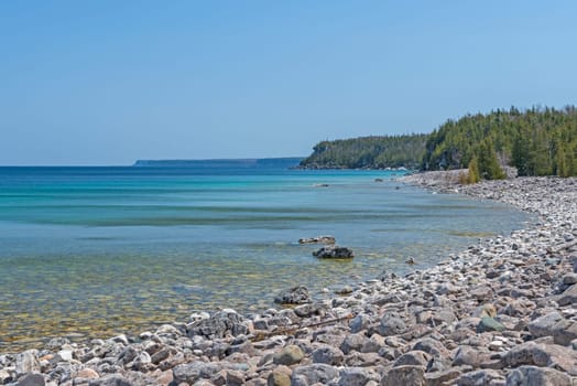 Remote Gravel Beach in the Great Lakes on Lake Huron in Bruce Peninsula National Park in Ontario