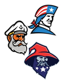 Mascot icon illustration set of heads of an American patriot, minuteman or revolutionary soldier, seadog, sea dog or sea captain and a warlock, wizard, sorcerer or magician viewed from side  on isolated background in retro style.
