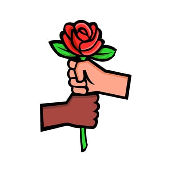Mascot icon illustration of two hands, one white or Caucasian hand and the other black or African-American, holding the stem of a red rose viewed from side on isolated background in retro style.