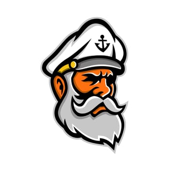 Mascot icon illustration of head of a seadog or sea dog, an old or experienced sea captain, sailor or fisherman viewed from side on isolated background in retro style.