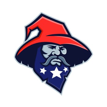 Mascot icon illustration of head of a warlock, wizard, sorcerer or magician with three stars on his beard wearing a pointy or pointed hat viewed from front on isolated background in retro style.