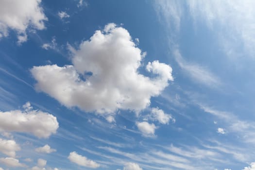 Beautiful white clouds and blue sky background over England UK. Fluffy and wispy cloudscape backdrop