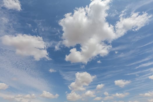 Beautiful white clouds and blue sky background over England UK. Fluffy and wispy cloudscape backdrop