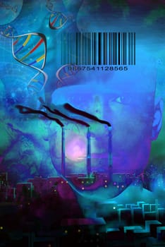 Night city with factory pipes. Face, DNA chain and bar-code.