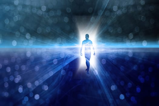 Man's figure emerges from light. Bokeh