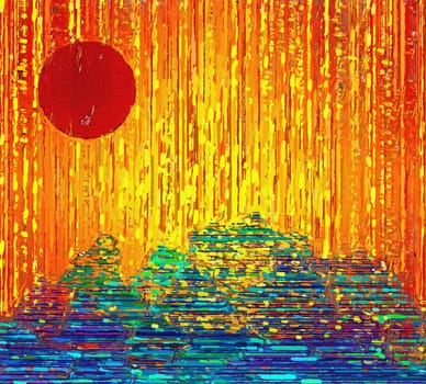 Abstract painting. Red Sunset. Asian style