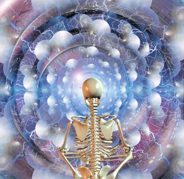 Skeleton sits in pose of lotus before multi-layered spaces and spiral of time.
