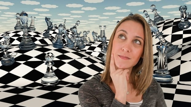 Woman thinks before chessboard