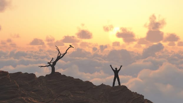 Man meets sunrise. Bird on a dry branch.