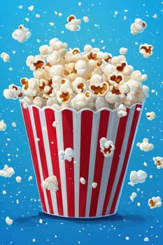 A vibrant bucket filled to the brim with fluffy popcorn is shown against a bright blue background. Popcorn kernels are popping and swirling, creating a fun, dynamic atmosphere ideal for cinephiles and snack lovers.