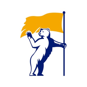 Mascot icon illustration of a polar bear waving and holding a flag looking to forward viewed from side on isolated background in retro style.