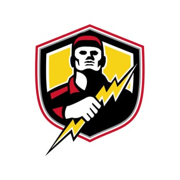 Mascot icon illustration of bust of a power lineman or electrician holding a thunderbolt or lightning bolt  viewed from front set inside crest or shield on isolated background in retro style.