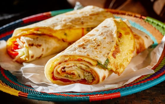 Two delicious indigenous Ugandan Rolex Rolls made with egg omelette and diced fresh vegetables rolled in a chapati or roti on a colorful woven basket