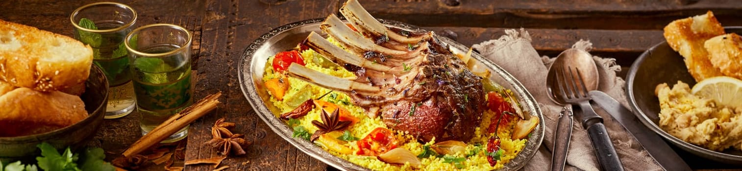 Wide panorama banner of spicy Oriental lamb chops on saffron rice with roasted vegetables served with sides and beverages on an old vintage wooden table