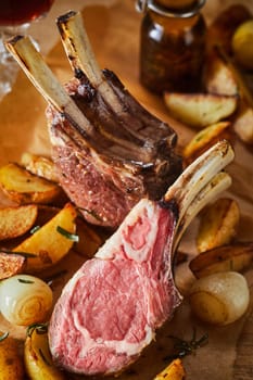 Tender barbecued rack of lamb with the chops cut through to show the tender medium rare meat served with roasted vegetables in a close up view for advertising or a menu