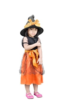 Portrait of cute asian girl with witch costume for halloween isolated over white background