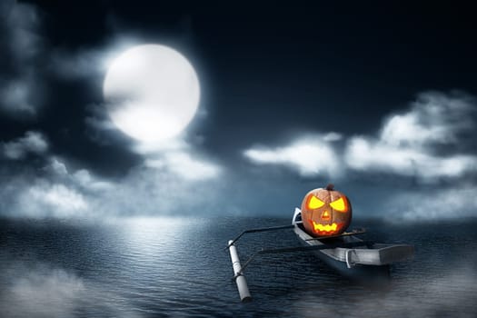 Halloween pumpkin in wooden boat on foggy lake at night