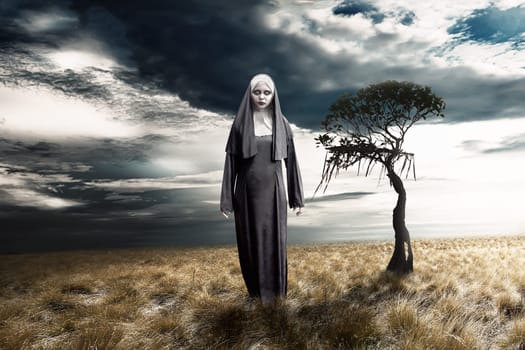 Scary devil nun with dark sky background. Halloween concept