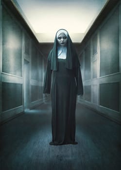 Scary devil nun standing on abandoned place. Halloween concept