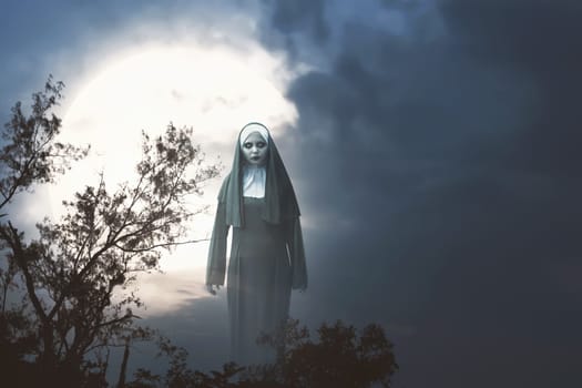 Scary devil nun with full moon background. Halloween concept